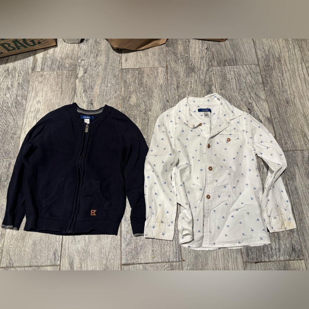 Navy Blue Sweater Jacket and White Palm Tree Print Shirt Set